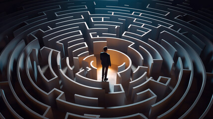 Businessman standing in middle of a maze looking for the right way out , problems and solutions concept - obrazy, fototapety, plakaty