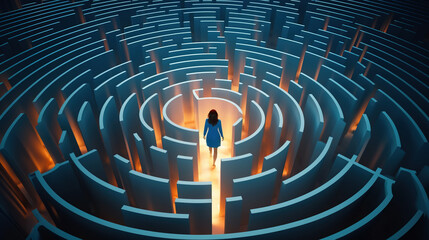 Businesswoman standing in middle of a maze looking for the right way out , problems and solutions concept - obrazy, fototapety, plakaty