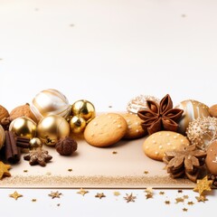 Obraz na płótnie Canvas Christmas and New Year holiday banner with a Gold background and a Festive Cookies. Concept with space for text for ads, banners and greeting card