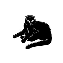Black cat, continuous line drawing, logo pet shop, small tattoo, print for clothes, silhouette one single line on white background, isolated vector illustration.