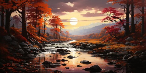 Autumn forest landscape, sunset in the forest, river between trees
