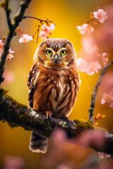 Owl on Blooming Tree Branch