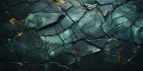Black green stone background with cracks. Color gradient. Toned rough mountain surface. Close - up. Dark light. Green background with space for design