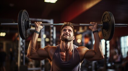 Barbell bench press. A young athlete on a simulator in a supine position loads the muscles of his arms and chest. Training of muscle groups of the upper body. gym	 - obrazy, fototapety, plakaty