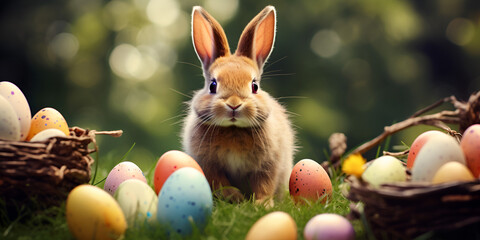 Easter Painted Eggs In A Basket On The Grass On A Sunny Spring Background with a rabbit. AI Generative