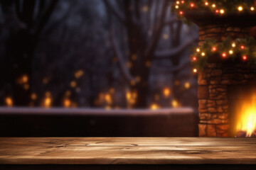 Wooden table in front of fireplace and Christmas tree on blurred background.