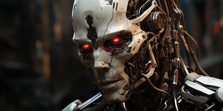 Iron cyborg with red eyes, robot from the future, evil robot, futuristic style