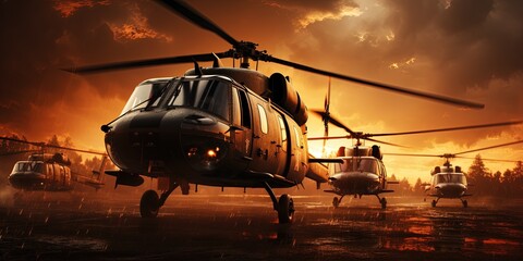 Five military helicopters silhouetted against a golden sunset sky - obrazy, fototapety, plakaty