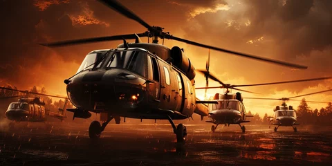 Abwaschbare Fototapete Five military helicopters silhouetted against a golden sunset sky © Sanych