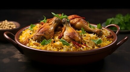 Chicken dhum biriyani using jeera rice and spices arranged in earthen ware with raitha and lemon pickle on grey background. - obrazy, fototapety, plakaty