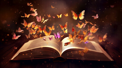 Obraz premium An open book with butterflies coming out of it ideal for fantasy and literature backgrounds, Generative AI.