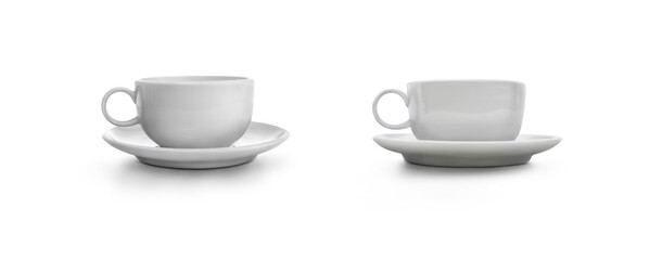 A side view of two empty white coffee cups, mugs, for hot drink concepts isolated against a...