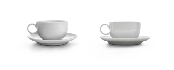 A side view of two empty white coffee cups, mugs, for hot drink concepts isolated against a transparent background