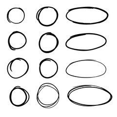 Doodle set of black hand drawn circle line sketch set. Vector circular scribble doodle round circles for message note mark design element. Pencil or pen highlighter elipses shapes