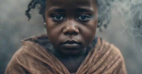 closeup portrait of african child girl in smoke - obrazy, fototapety, plakaty
