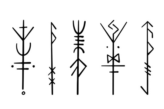Nordic celtic runes, set norse protection symbols in doodle style, amulet, witchcraft signs on white background.