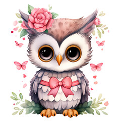 Obraz premium Watercolor Cute Kawaii Owl Valentine Clipart Illustration