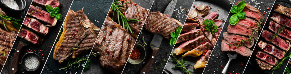 Photo collage. Veal steaks, meat, shish kebab, kebab, grilled sausages and sauces. BBQ Beef veal shish kebab Skewers. Barbecue concept. - obrazy, fototapety, plakaty