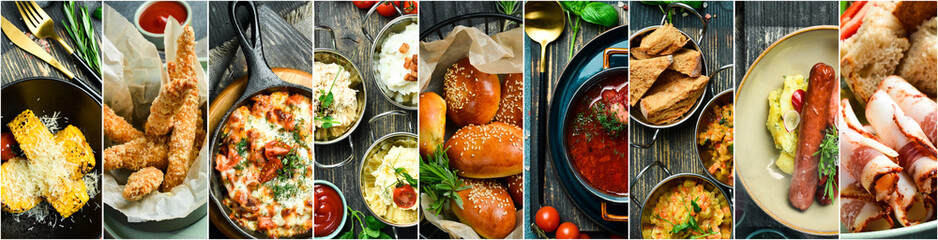Collage. Assortment of dishes from different countries of the world. Food and snacks.