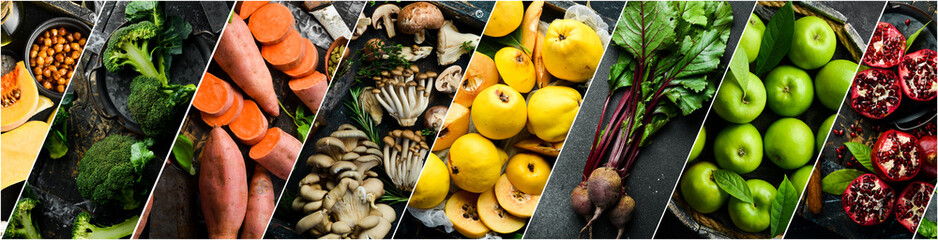 Photo collage from different food photos. Set of fresh vegetables, fruits and organic healthy food....