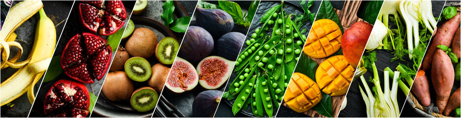 Organic food - photo collage. Set of fresh vegetables, fruits and organic healthy food. Photo banner for a food site. - obrazy, fototapety, plakaty