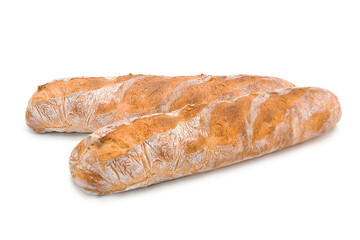 Freshly baked baguette isolated on white background.	
