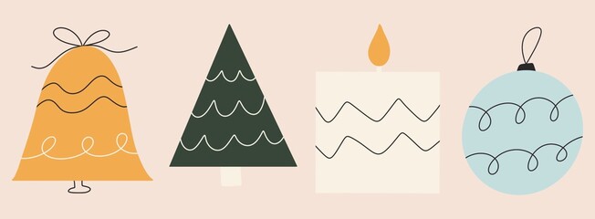Christmas icons illustration vector collection set festive symbols Yuletide bell fir tree candle with flame and bauble decoration banner background for social media marketing on isolated background
