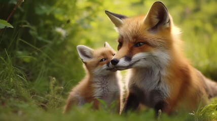 Fototapeta premium Fox caressing its calf animal stock photo Ai generated art