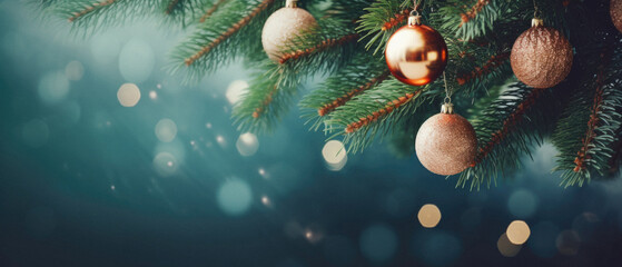 Obraz na płótnie Canvas Christmas background with Christmas tree and bokeh lights. Vintage toned.