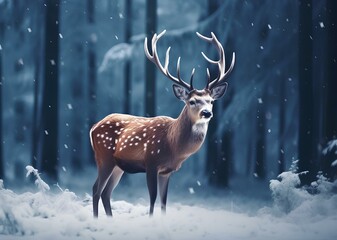 A wild beautiful reindeer in the winter forest looks towards the camera.