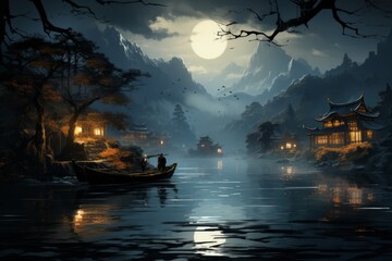 The night landscape of a man on a boat - obrazy, fototapety, plakaty