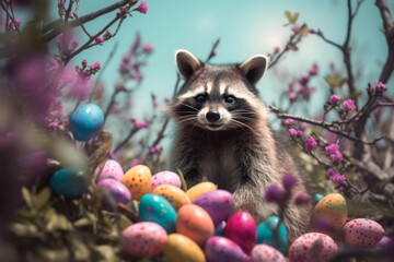 Fototapeta na wymiar Adorable raccoon with colorful eggs. Cute raccoon animal in spring nature season. Generate ai