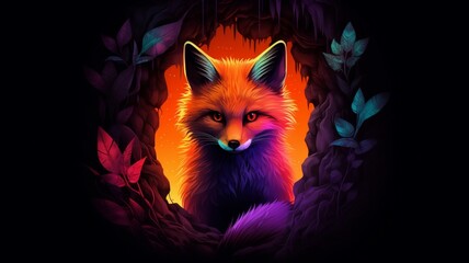 Fox sitting cave neon light glowing illustration picture Ai generated art