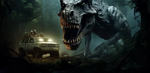 Fotobehang dinosaur T-Rex chased by a jeep car down a road in a middle of the woods © beshoy
