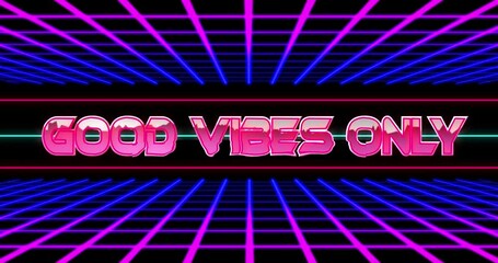 Animation of good vibes only banner over gradient purple grid network against black background - Powered by Adobe