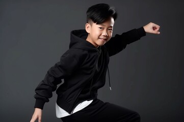 Asian school boy in black hoodie. Active teenager posing on grey background. Generate ai