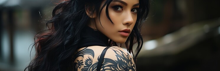A woman with a large tattoo in the style of oriental traditions. Dragon drawing on the body. Beautiful female body covered with painting
