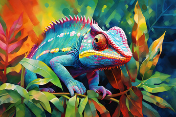Painting of Chameleon sitting on a tree branch, surrounded by leaves