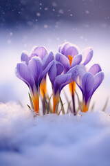 Beautiful Crocus Flowers in Snow