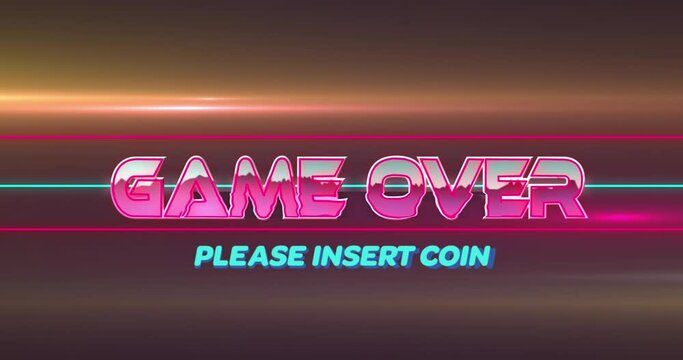 Animation of game over please insert coin text over neon banner and light trails on grey background