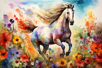 Watercolor painting galloping horse in a meadow of colorful wildflowers