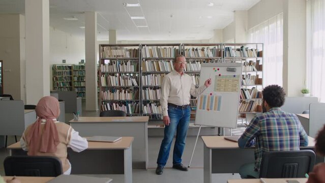 Dolly in shot of adult Caucasian male teacher giving lesson of English language to multiethnic group of migrants in modern library