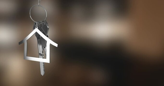 Animation of hanging silver house keys against blurred background with copy space