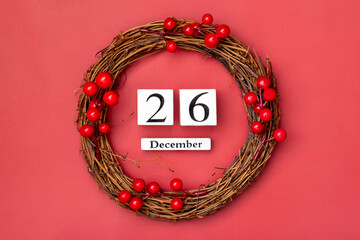 Christmas wreath and wooden calendar with date December 26 on red background Boxing Day occurs annually on December 26 (day after Christmas). In 2023, Boxing Day falls on Tuesday, December 26 Xmas day