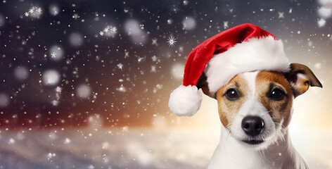 New Year's Eve banner with a cheerful Jack Russell Terrier dog wearing a Santa hat. Space for text. Generative AI