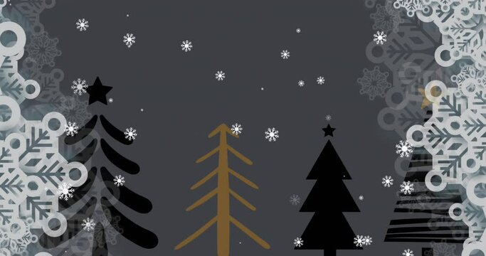 Animation of snowflakes falling over christmas tree icons against grey background with copy space