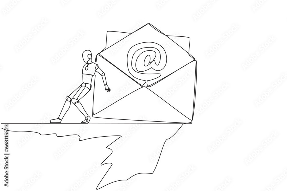 Poster continuous one line drawing robot pushes a large email icon down with its back from the edge of clif