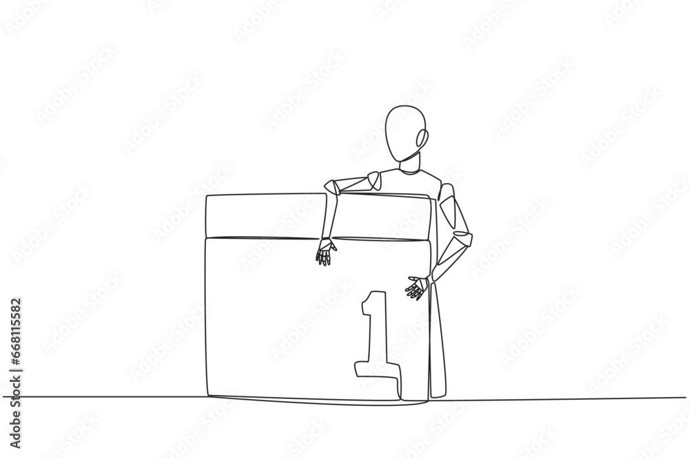 Poster continuous one line drawing robot hugging desk calendar. the launch date of the latest technology ro