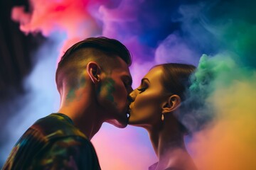 Passionate couple in colorful smoke. Amorous people posing in multicolored smoke bombs. Generate ai