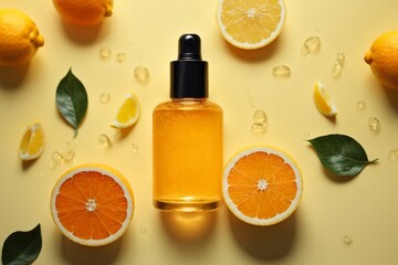 Bottle of orange essential oil and citrus fruits on color background
